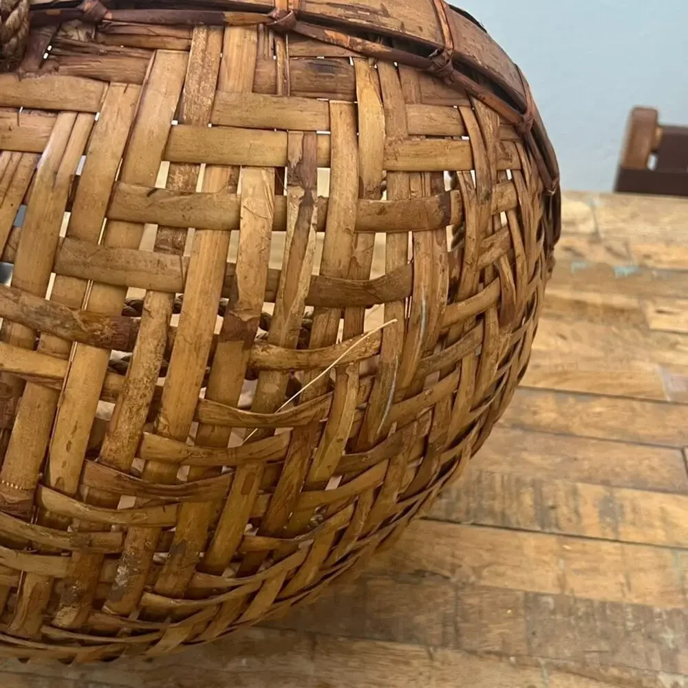 Large Vintage Hanging Basket Bowl Hand Woven Rattan Brown